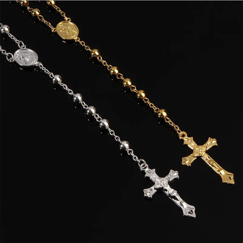 6mm Gold Rosary Necklace. Cross Pendant & Beaded Design