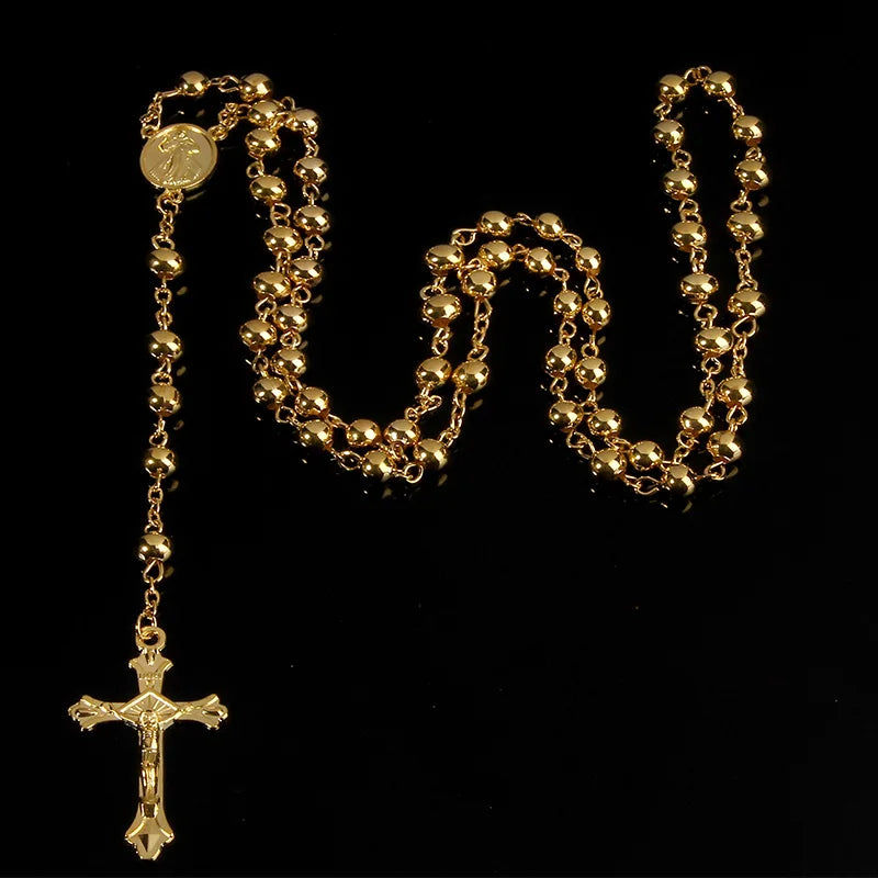 6mm Gold Rosary Necklace. Cross Pendant & Beaded Design