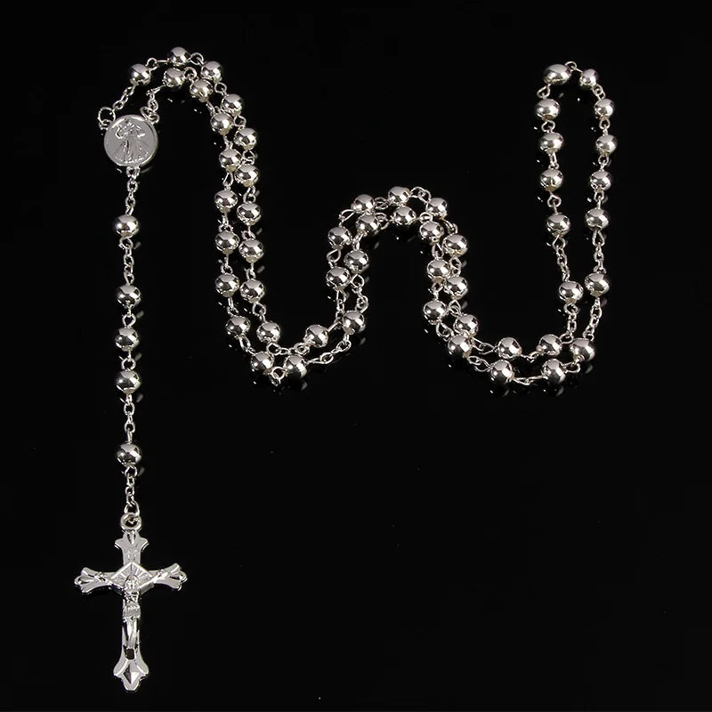 6mm Gold Rosary Necklace. Cross Pendant & Beaded Design