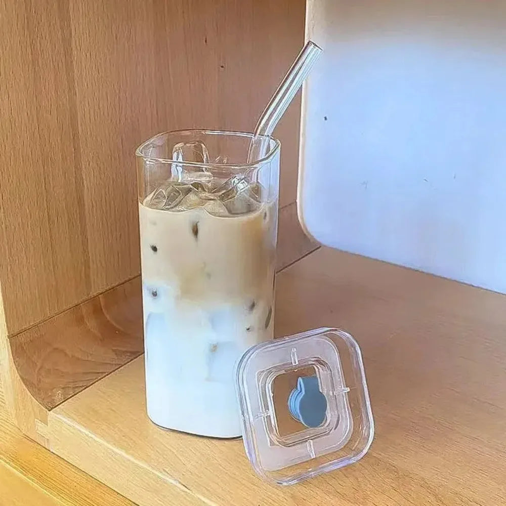 Heat-Resistant Glass Cup with Lid & Straw for Hot/Cold Drinks