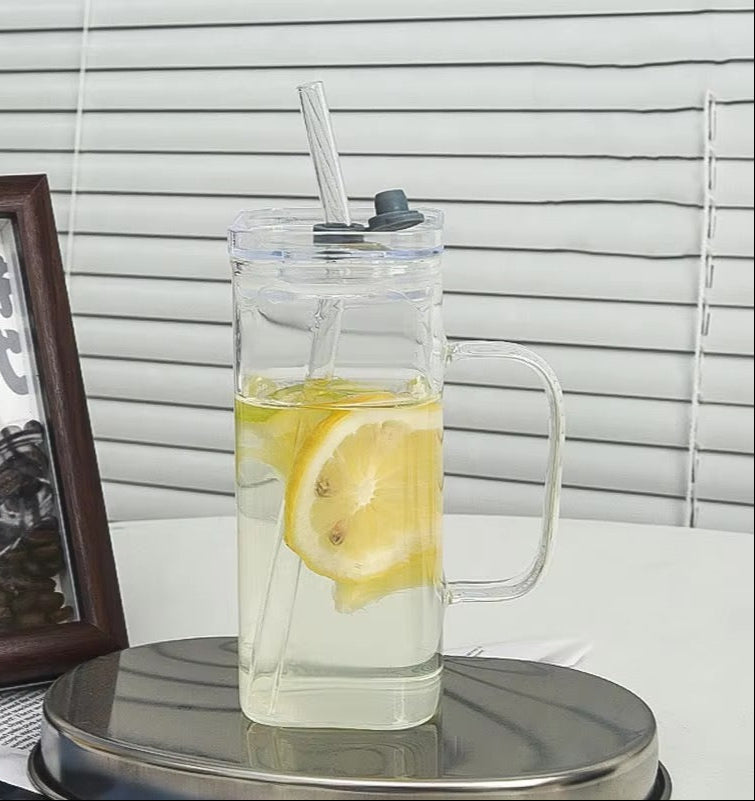 Heat-Resistant Glass Cup with Lid & Straw for Hot/Cold Drinks