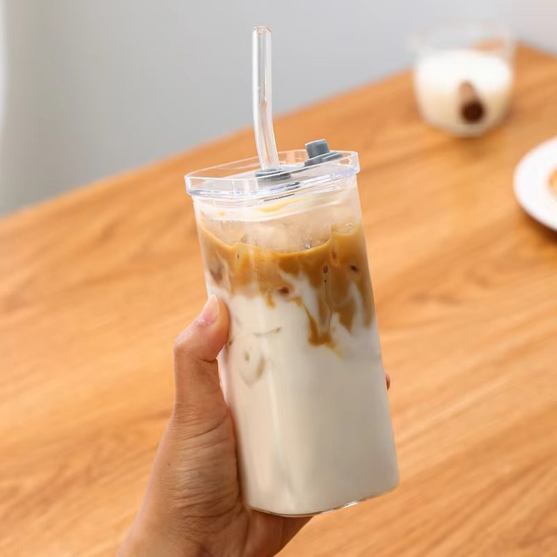 Heat-Resistant Glass Cup with Lid & Straw for Hot/Cold Drinks