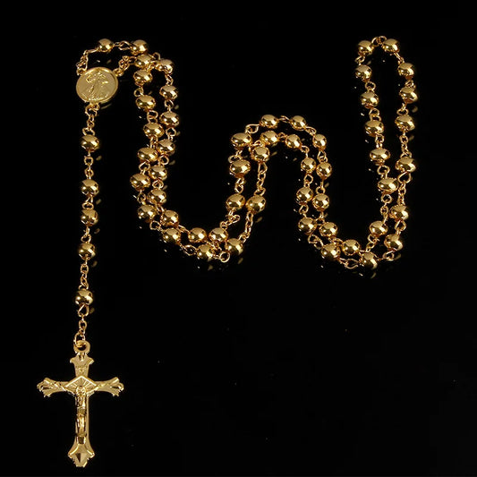 6mm Gold Rosary Necklace. Cross Pendant & Beaded Design