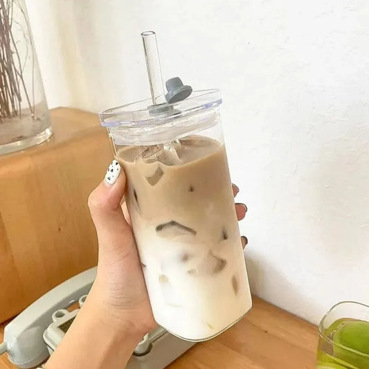 Heat-Resistant Glass Cup with Lid & Straw for Hot/Cold Drinks